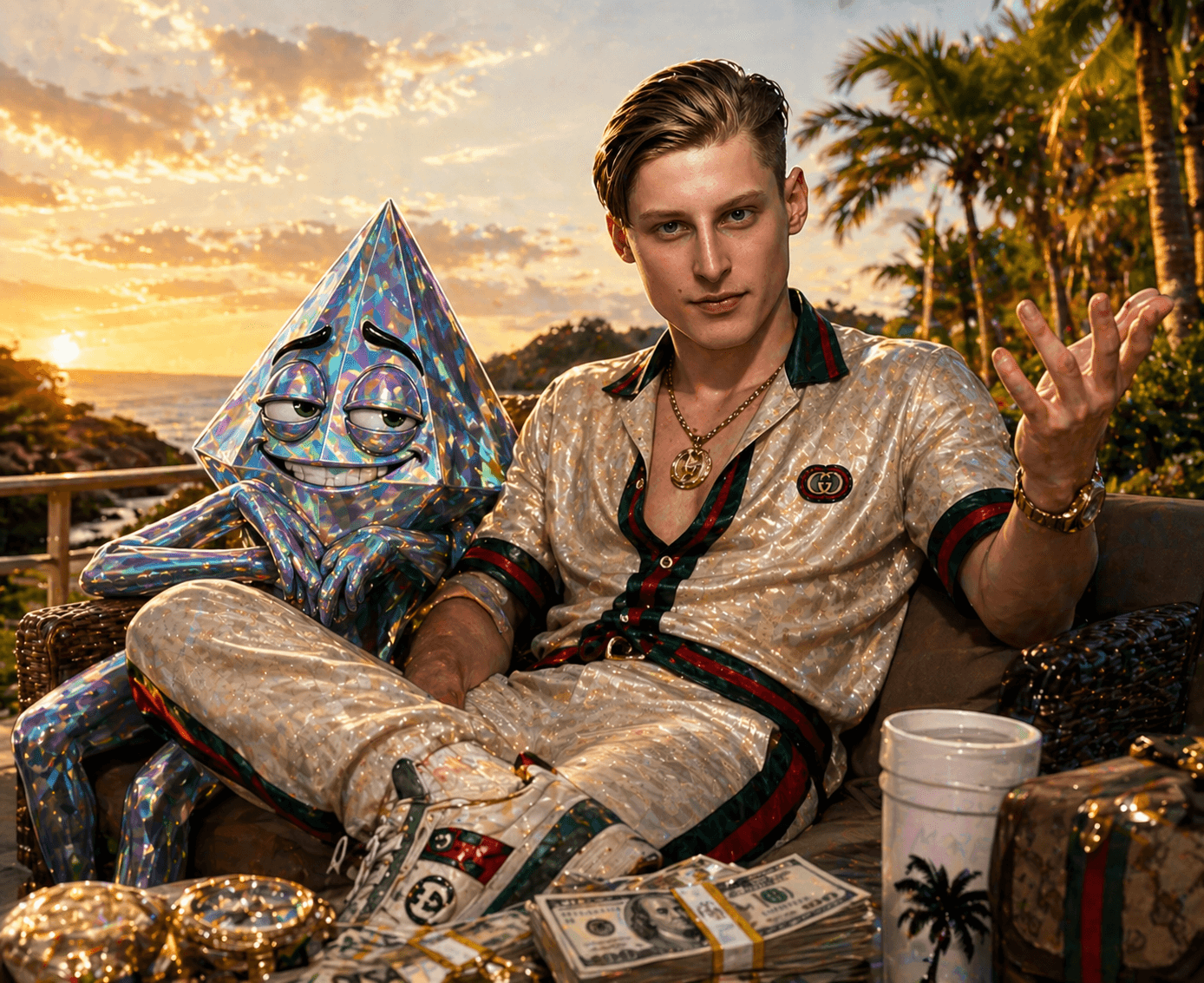 ERC-67 mascot lounging at sunset with a designer co-host