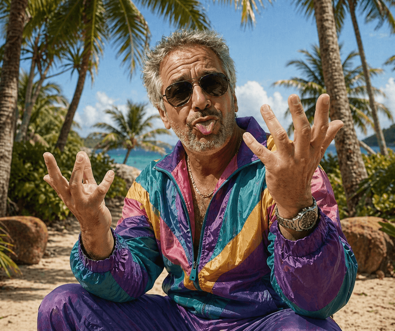 Holiday brainrot scene with palm trees and a 90s tracksuit